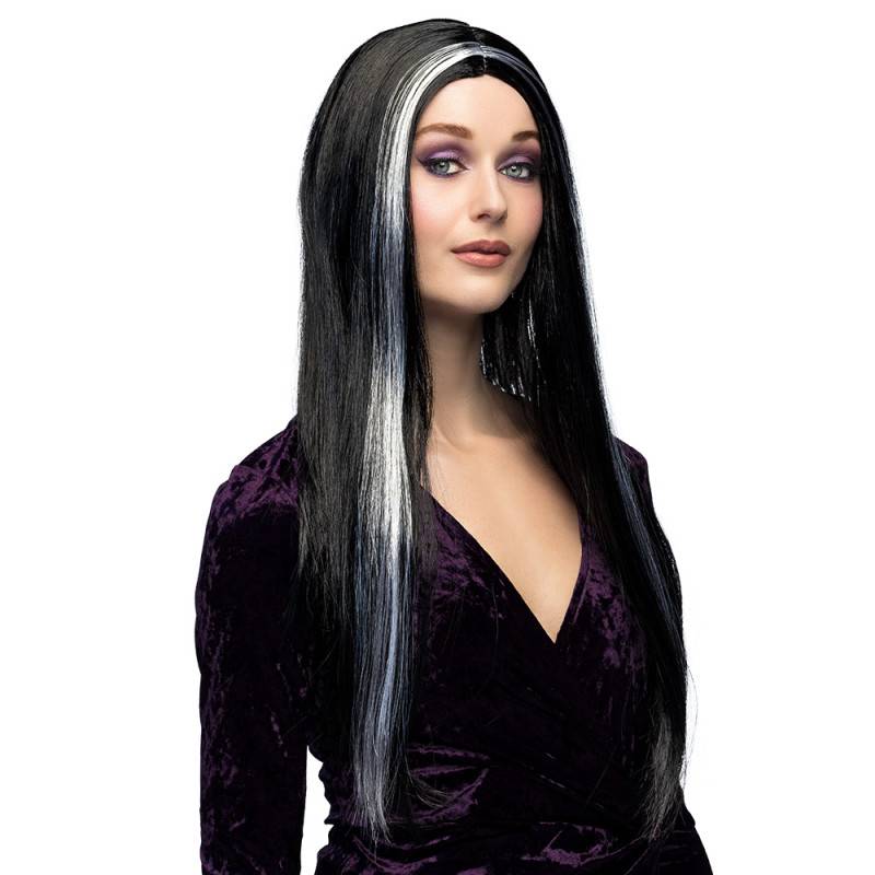 Perruque de Sorcière Cheveux Long Noir Méché Blanc