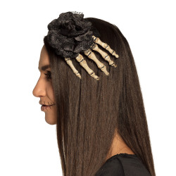 Barrette Cheveux Main de Squelette Avec Rose Noire