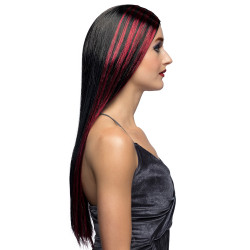 Perruque de Sorcière Cheveux Long Noir Méché Rouge