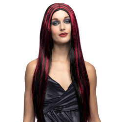 Perruque de Sorcière Cheveux Long Noir Méché Rouge