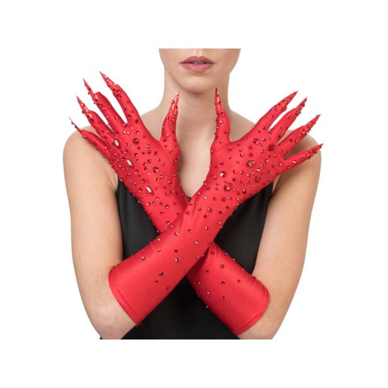 Gants Longs Rouge De Diablesse Avec Faux Ongles Et Diamants