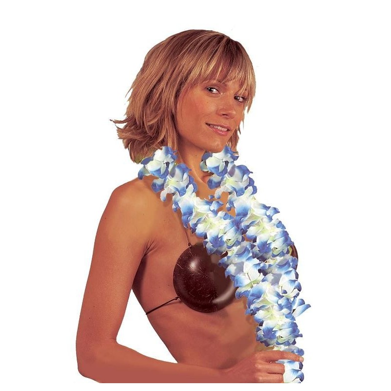 Collier Grosses Fleurs Hawaï Bleu et Blanc